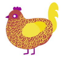 rooster, a red and yellow chicken with a double-lace pattern