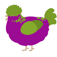 A plum and chartreuse chicken with a neck-speckle pattern