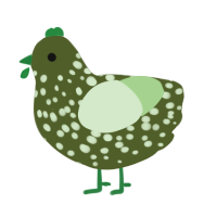 Pickle, a olive and gluppy chicken with a speckle pattern