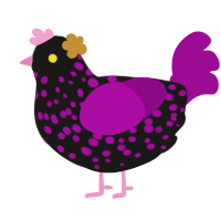 Yumi, a sable and plum chicken with a speckle pattern