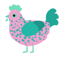 A pink and turquoise chicken with a speckle pattern