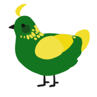 A leaf and yellow chicken with a neck-speckle pattern