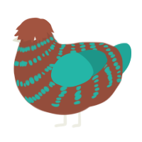Bob the Blob, a russet and turquoise chicken with a bar pattern