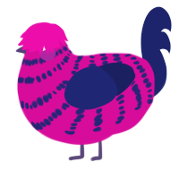 4, a fuchsia and navy chicken with a bar pattern