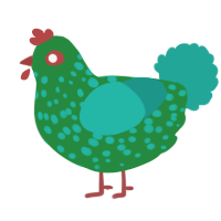 A viridian and turquoise chicken with a speckle pattern