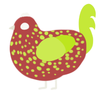 A red and lime chicken with a speckle pattern