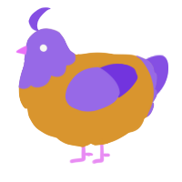 A orange and blurple chicken with a head pattern
