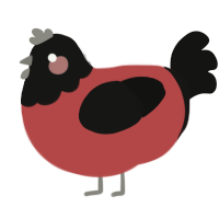 Pogo, a red and black chicken with a head pattern
