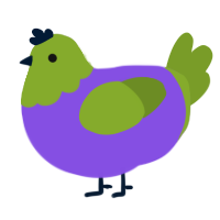 A blurple and chartreuse chicken with a head pattern