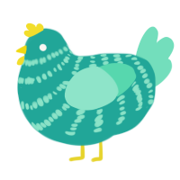 A turquoise and mint chicken with a bar pattern
