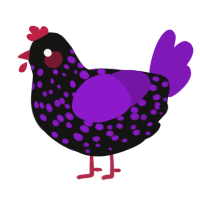 A black and violet chicken with a speckle pattern