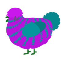 A amethyst and teal chicken with a bar pattern