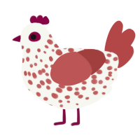 A white and red chicken with a speckle pattern