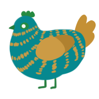 A teal and gold chicken with a bar pattern