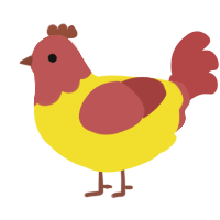 A yellow and red chicken with a head pattern