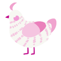 A white and pink chicken with a bar pattern