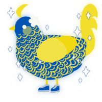 A ultramarine and yellow chicken with a double-lace pattern