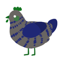 A grey and navy chicken with a bar pattern