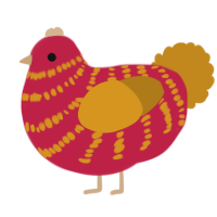 A crimson and ochre chicken with a bar pattern
