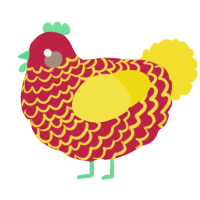 A crimson and yellow chicken with a lace pattern