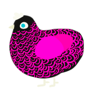 clover field, a black and fuchsia chicken with a double-lace pattern