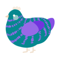 A teal and blurple chicken with a bar pattern