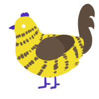 A yellow and bark chicken with a bar pattern