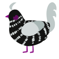 A black and silver chicken with a bar pattern