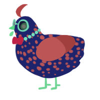 A navy and red chicken with a speckle pattern