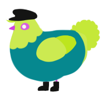 A teal and lime chicken with a head pattern