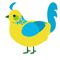 A yellow and cerulean chicken with a neck-speckle pattern