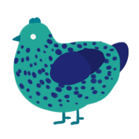 A turquoise and navy chicken with a speckle pattern