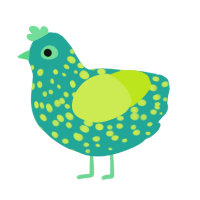 quix, a turquoise and lime chicken with a speckle pattern