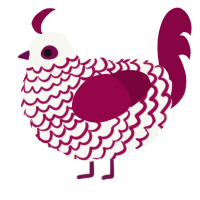 A white and maroon chicken with a lace pattern