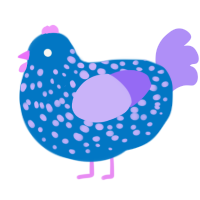 Gije, a sapphire and lilac chicken with a speckle pattern