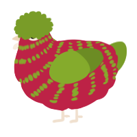 A crimson and chartreuse chicken with a bar pattern