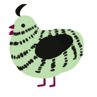 Mint, a gluppy and black chicken with a bar pattern