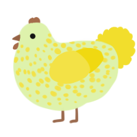 A apple and yellow chicken with a speckle pattern