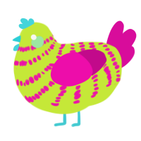 A lime and fuchsia chicken with a bar pattern