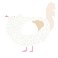 A white and cream chicken with a lace pattern