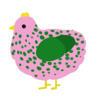 A pink and leaf chicken with a speckle pattern
