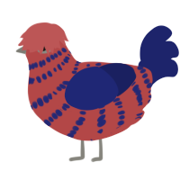 A red and navy chicken with a bar pattern
