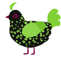 Gretchen, a black and grass chicken with a speckle pattern