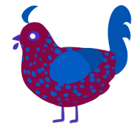 A maroon and ultramarine chicken with a speckle pattern