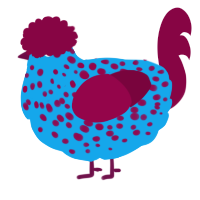 A sky and maroon chicken with a speckle pattern