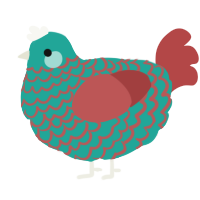 A turquoise and red chicken with a lace pattern