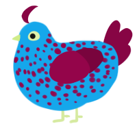 A sky and maroon chicken with a speckle pattern