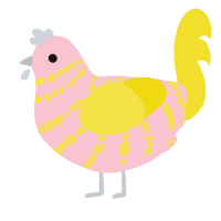 A rose and yellow chicken with a bar pattern