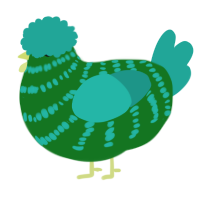 A leaf and turquoise chicken with a bar pattern