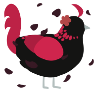 Xalia, a black and crimson chicken with a neck-speckle pattern